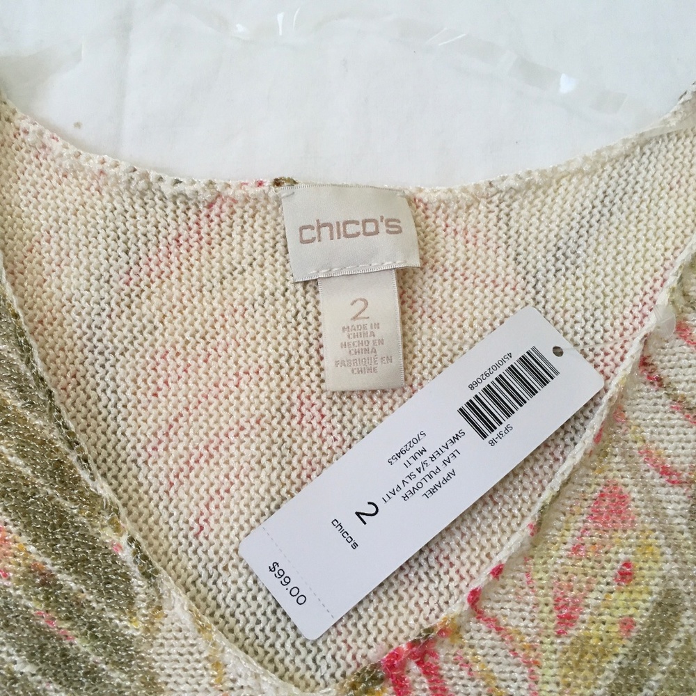 NWT  CHICOS Cotton Leaf Print Knit Top Size 2 (Large/XL) Cream Pink Green - Picture 2 of 6